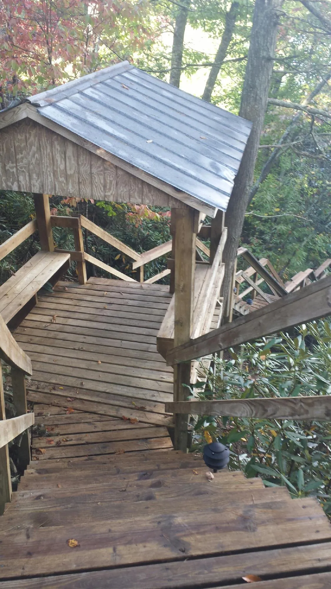 Metal roofed shelter over wooden steps on a wooded walkway — Skylight Repair & Installation work by our crew in Westwood